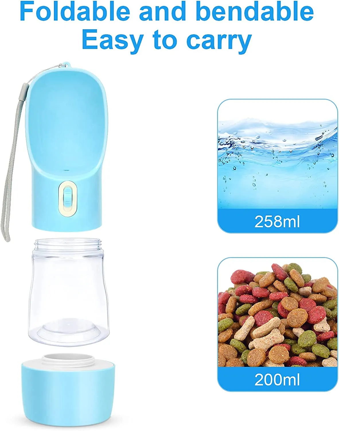 Portable Pet Water Bottle with Food Container (Blue)