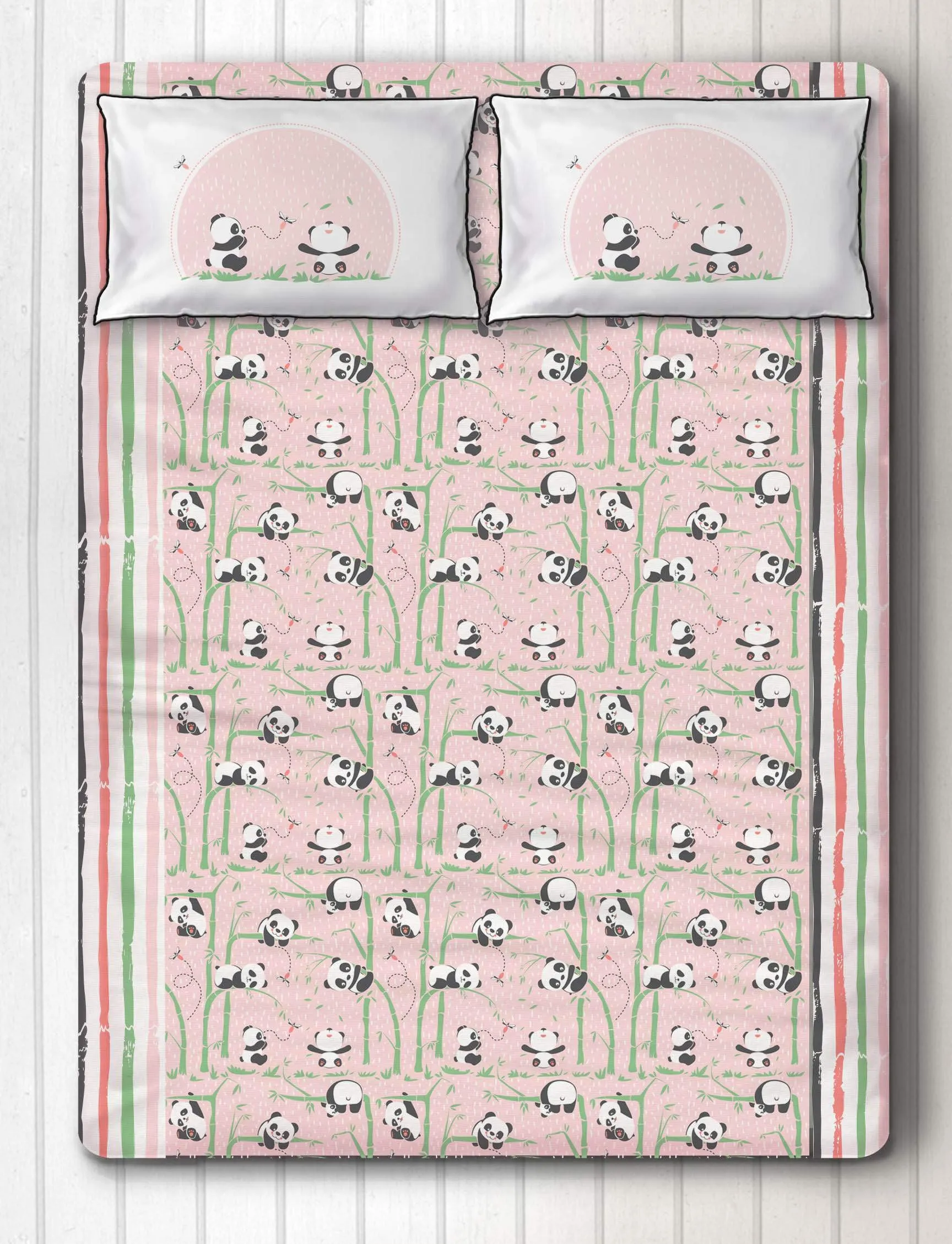Silverlinen Panda Village 100% Cotton 250 TC Double Bedsheet for Kids Room for Girls with Two Pillow Covers - Pink